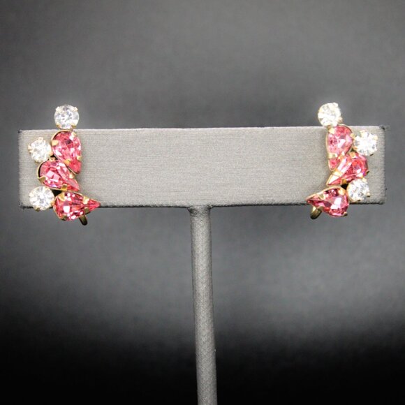 Vintage 1/20 12k Gold Filled Star Art Pink White Rhinestone Screw Back Earrings - Picture 5 of 11